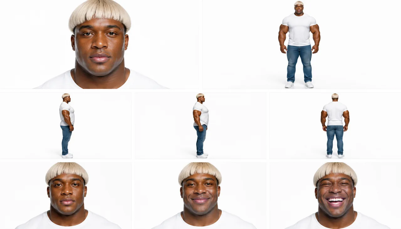 Platinum bowl cut character sheet: close-up, full body, both sides, back and 3 expressions