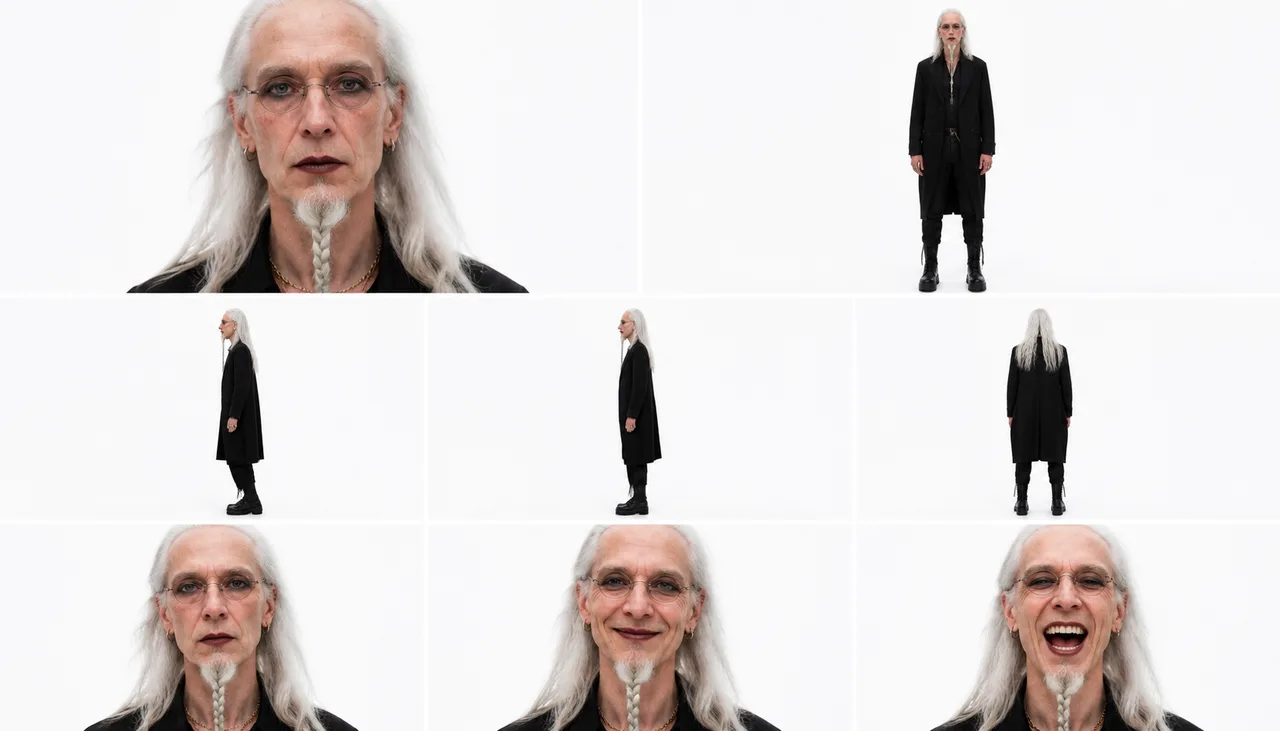 Goth elder character sheet: close-up, full body, both sides, back and 3 expressions