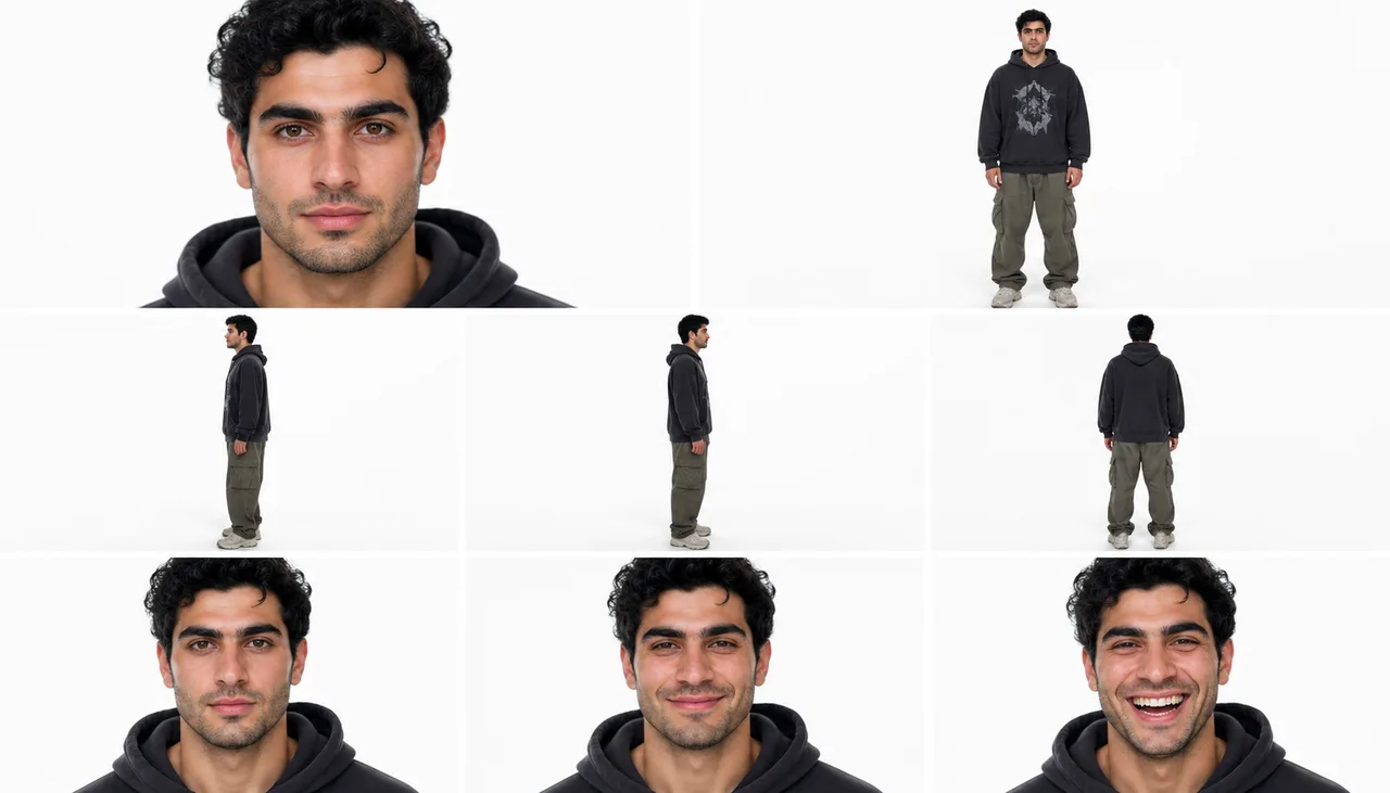 Caveman streetwear character sheet: close-up, full body, both sides, back and 3 expressions