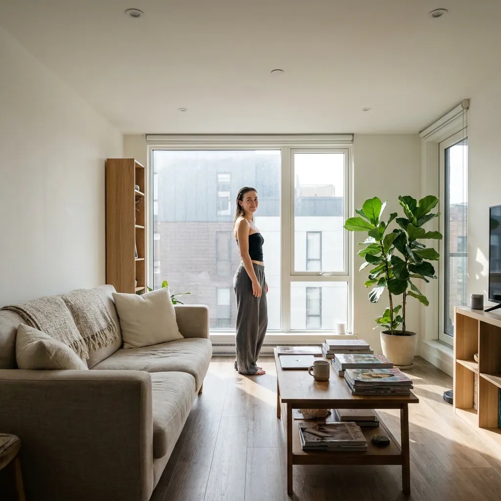 Wide shot showing a person and the room around them