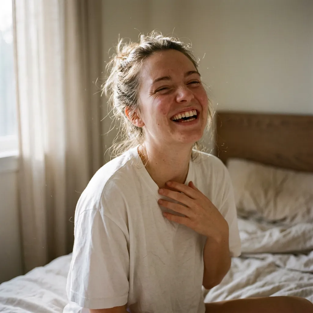 Close-up portrait bursting into a joyful laugh