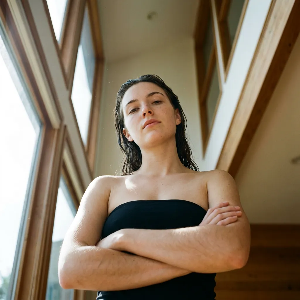 Low-angle portrait looking upward at the subject
