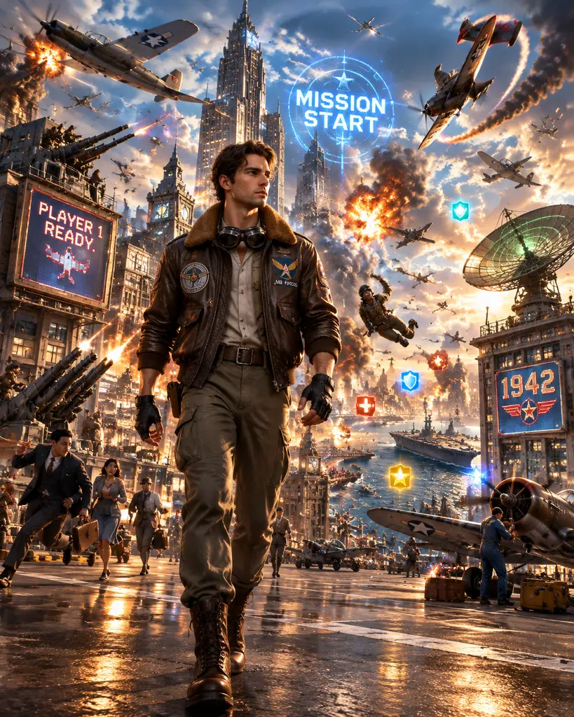 Man in pilot-style streetwear in a city under retro WWII arcade-style aerial battle