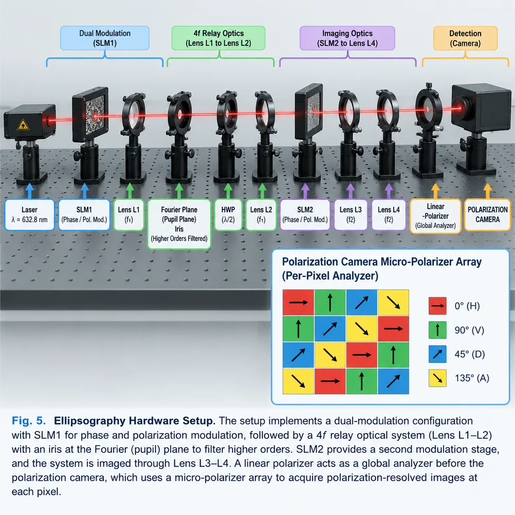 3D render of an optical table with a red laser passing through eleven labeled optical components