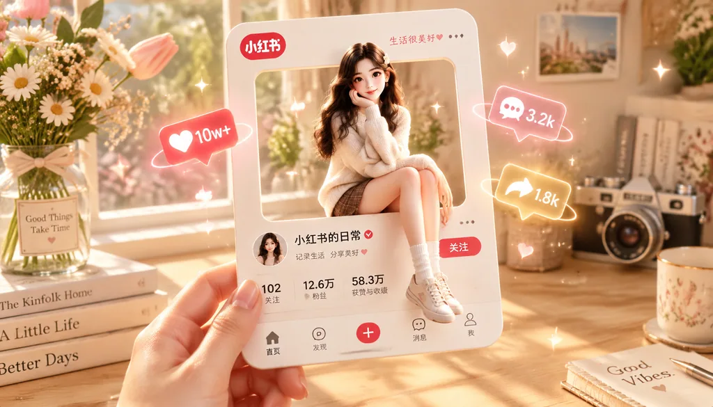 Hand holding a 3D social profile card with a girl sitting in its cutout window