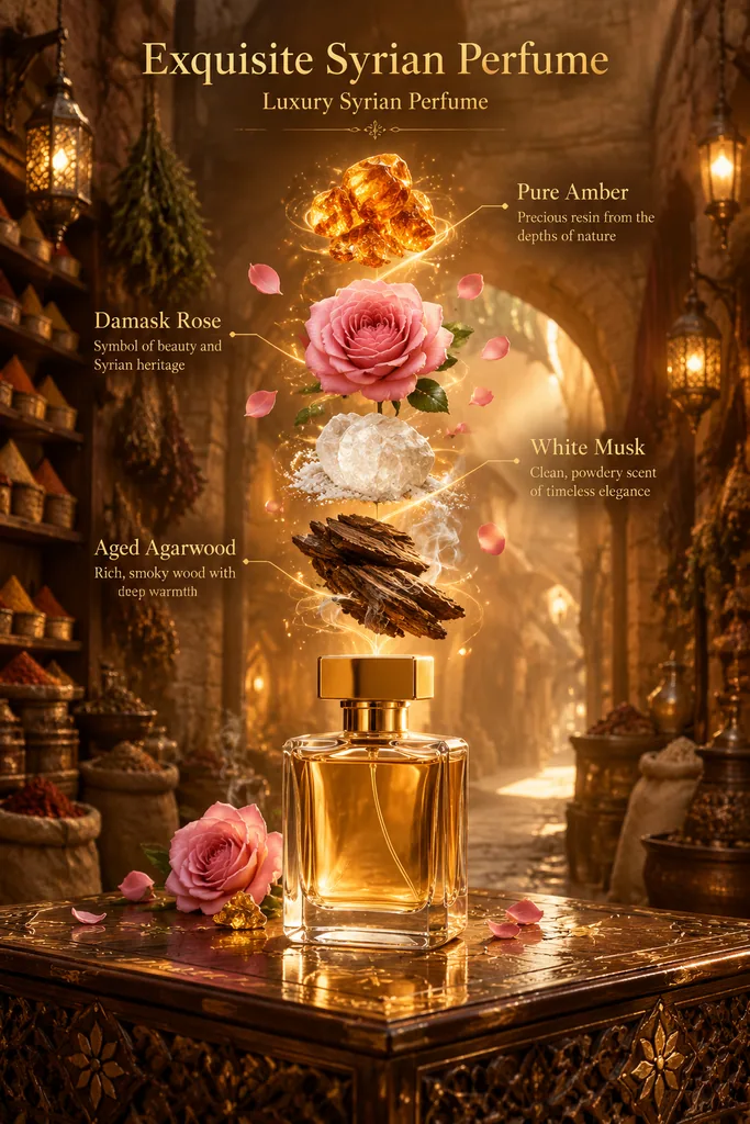 Luxury perfume bottle with floating roses and agarwood in a warm golden ancient market setting