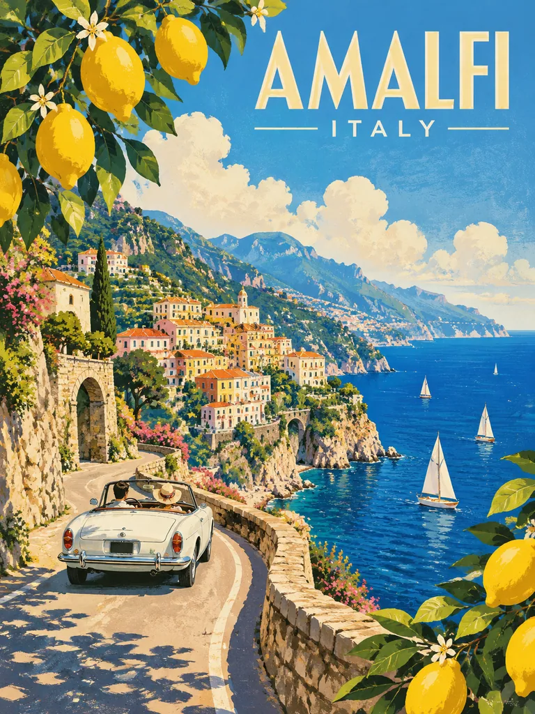 Retro pencil illustration of a white 1960s car on the Amalfi coast road with lemons and sea