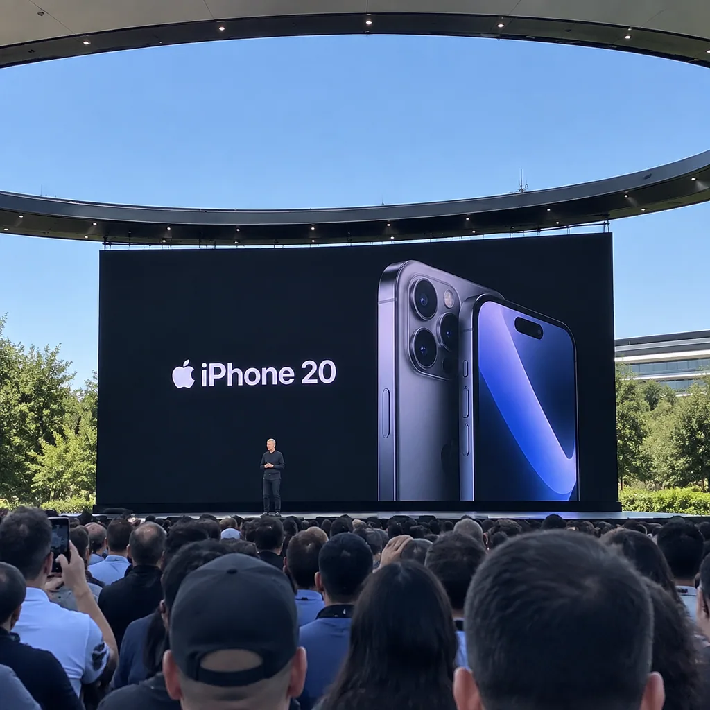 Amateur phone photo from a distant crowd of a presenter on stage at a tech keynote event