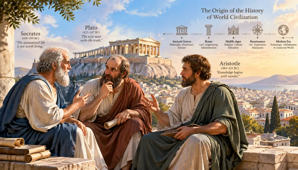 Plato, Socrates and Aristotle talking in an Athens street with a timeline overlay