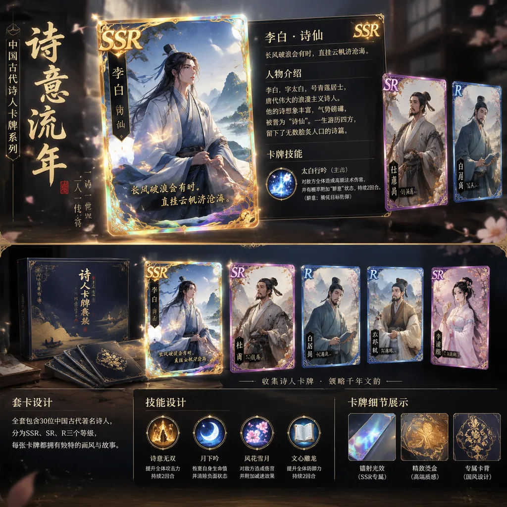 Set of collectible game cards of ancient Chinese poets ranked SSR, SR and R with holo effects