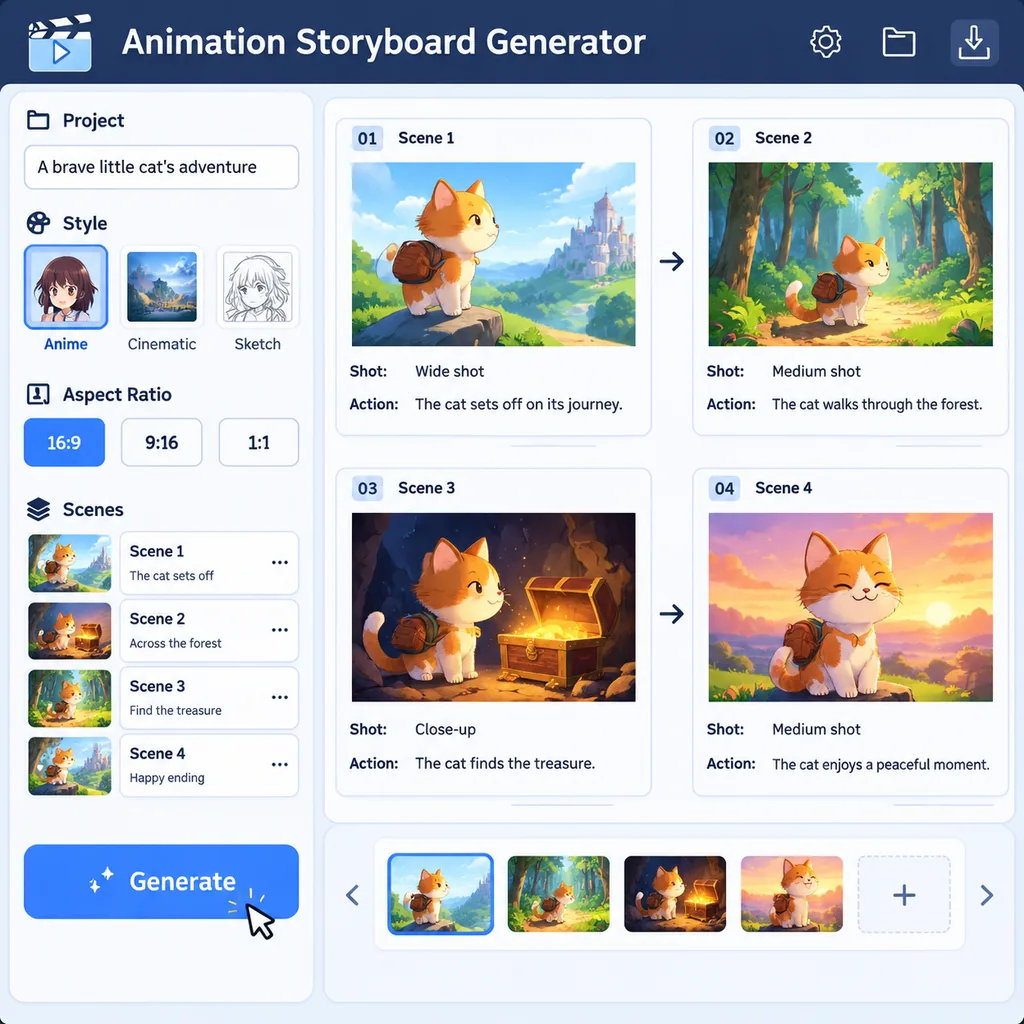 Animation storyboard sheet with numbered panels, camera notes and scene sketches