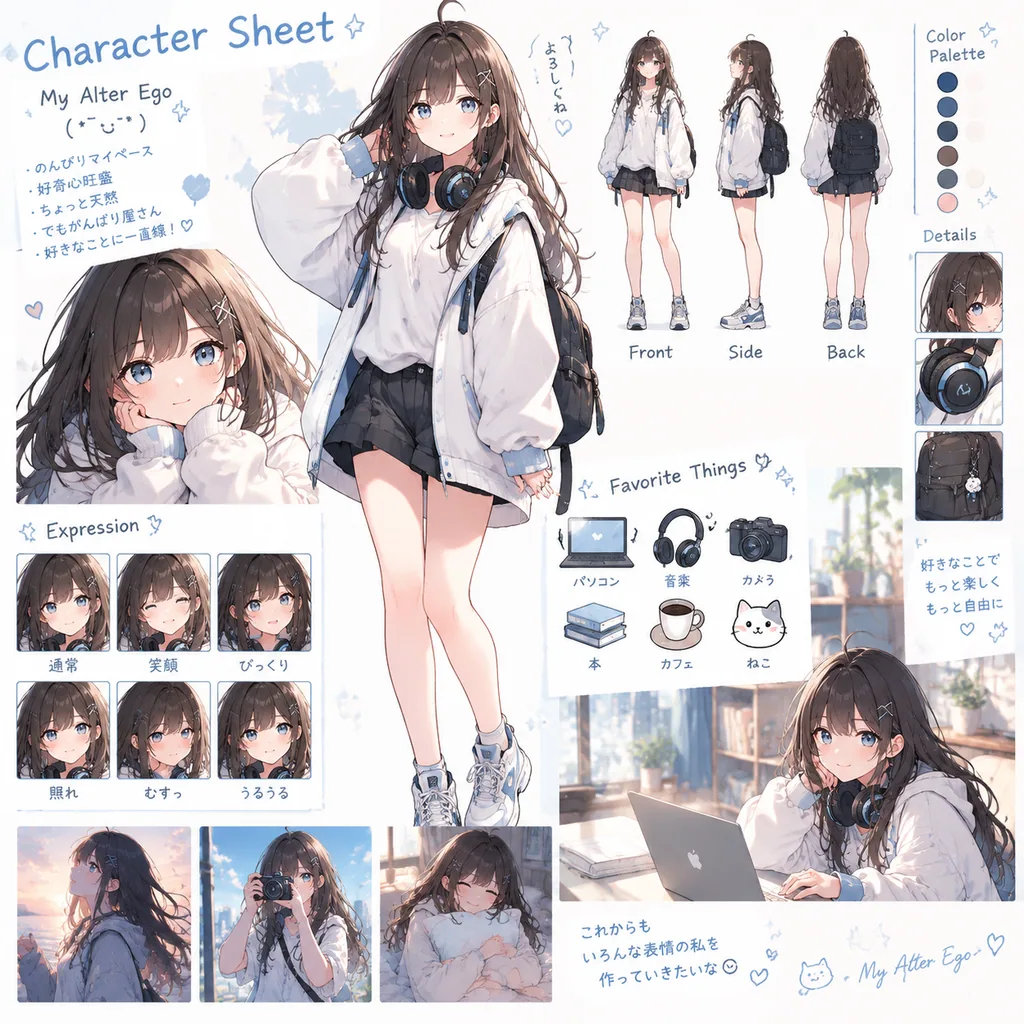 Anime character reference sheet of a cute alter ego avatar with poses and expression studies