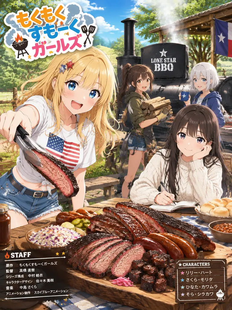 Anime key visual of four girls at a sunny outdoor barbecue with a big smoker grill
