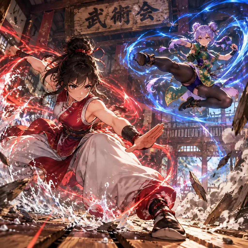 Anime illustration of two girls fighting a high-impact martial arts battle in a wooden dojo