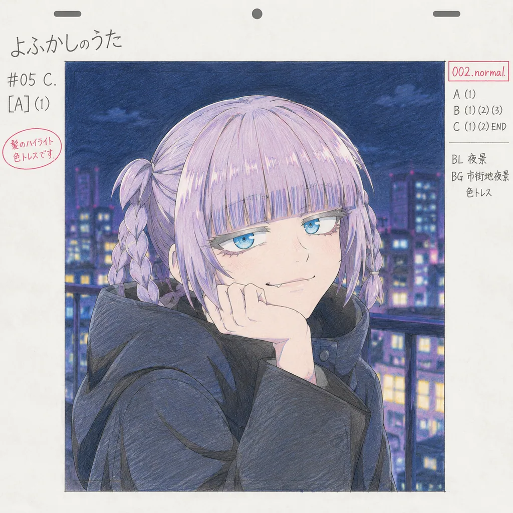 Colored pencil key animation drawing of a braided anime girl on peg-hole animation paper