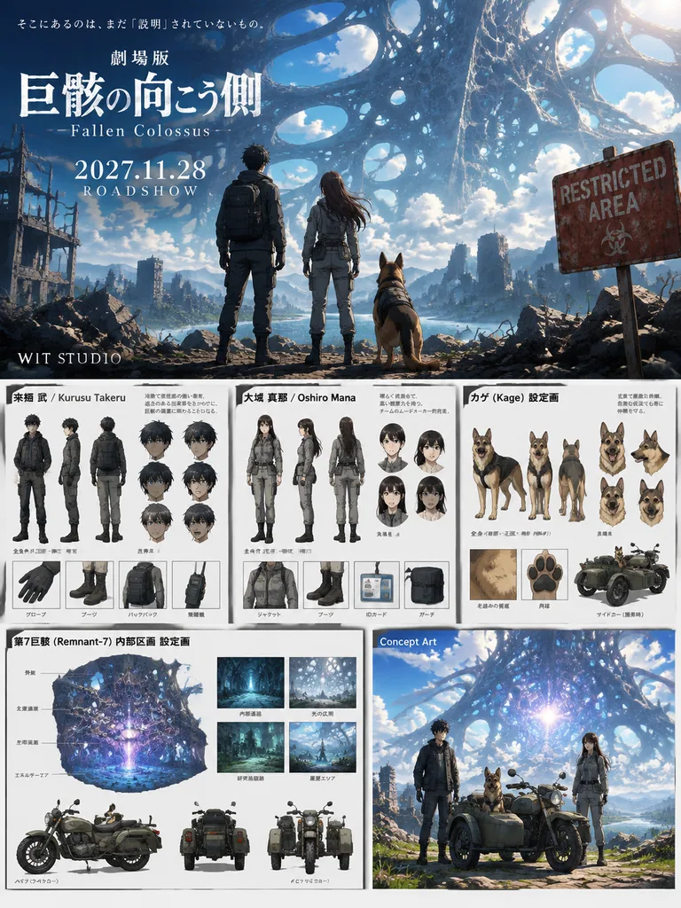 Anime film pitch sheet with a ruined city poster on top and five reference sheets below