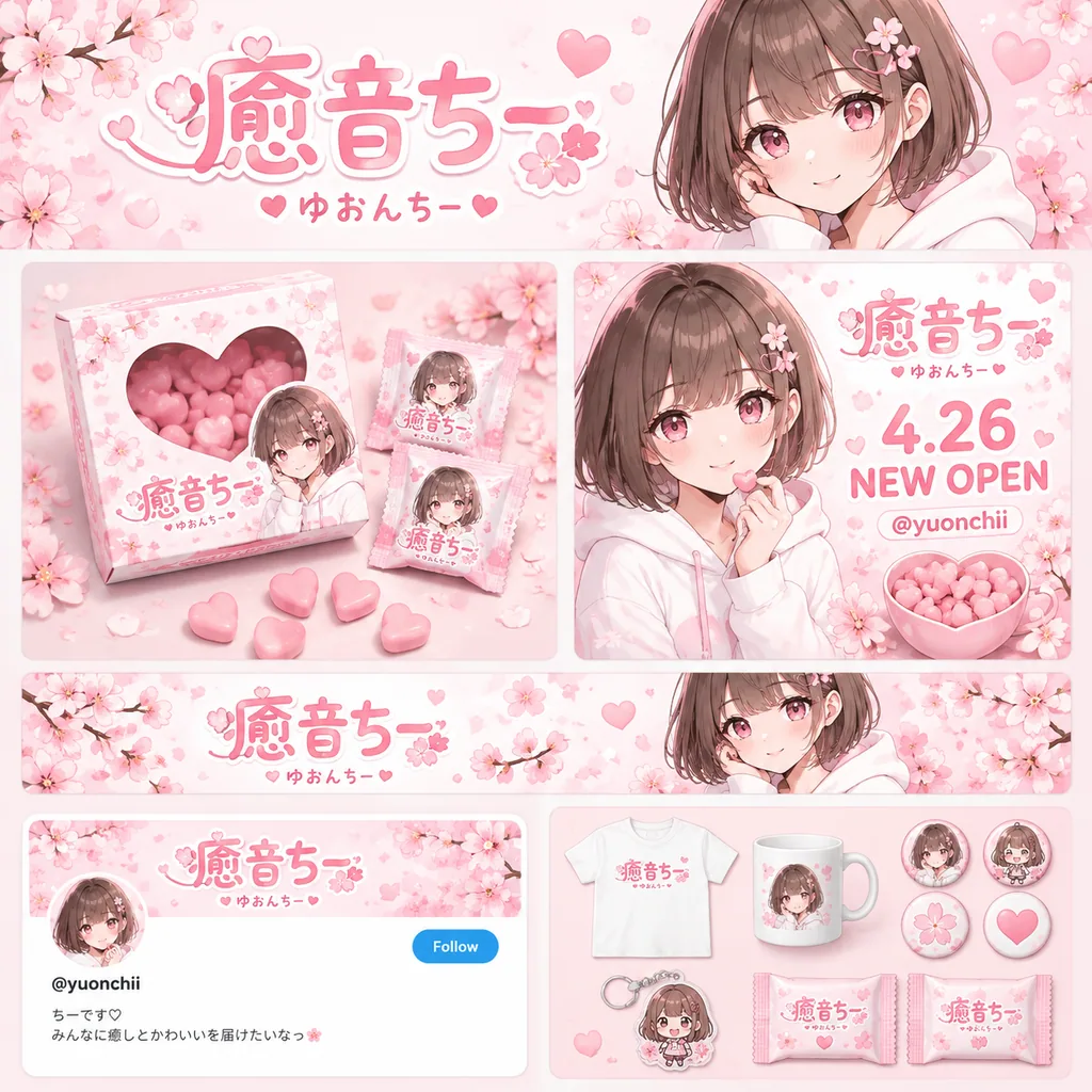 Pastel pink brand and merch board for an anime girl streamer with cherry blossoms