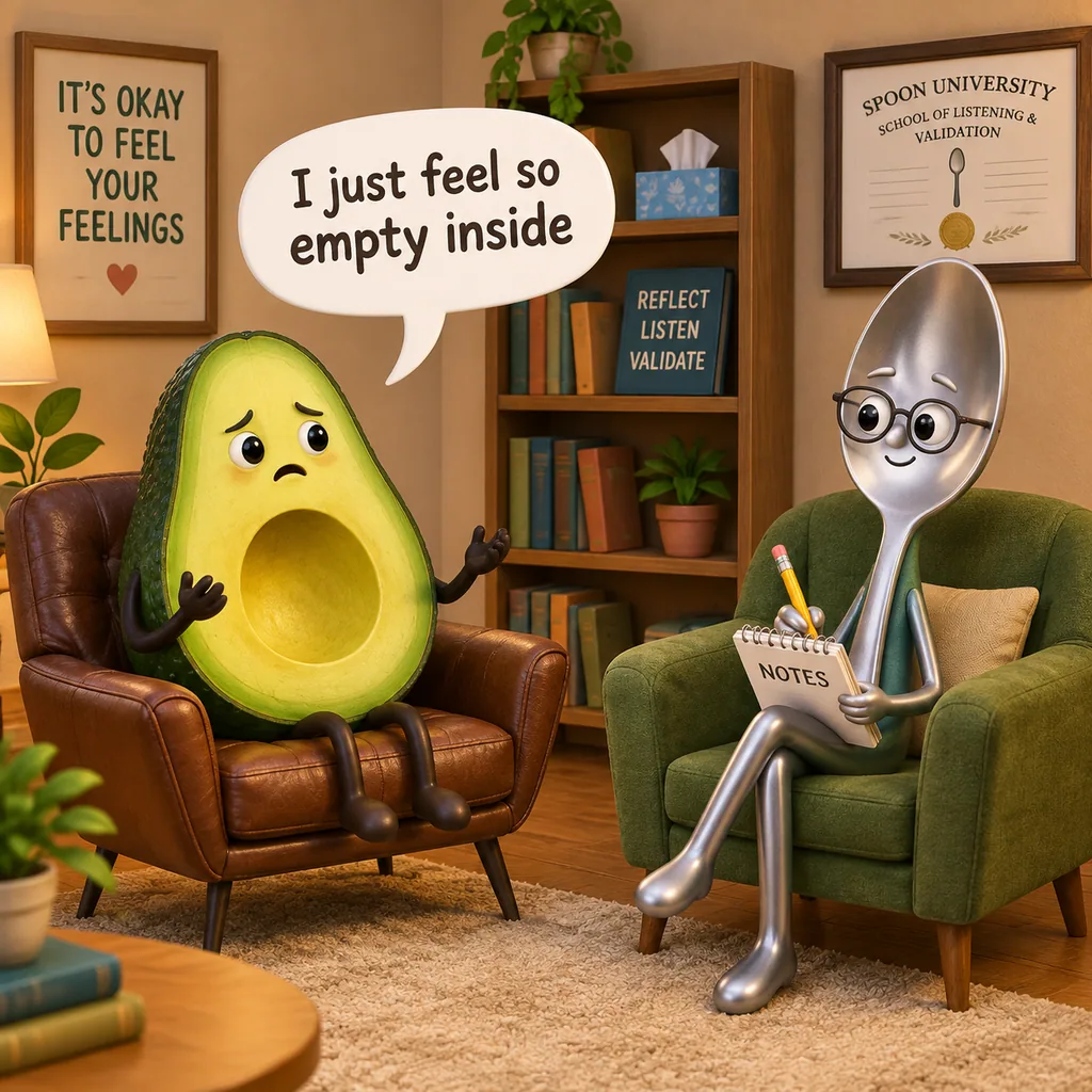 3D cartoon of a sad avocado on a therapy chair talking to a spoon therapist