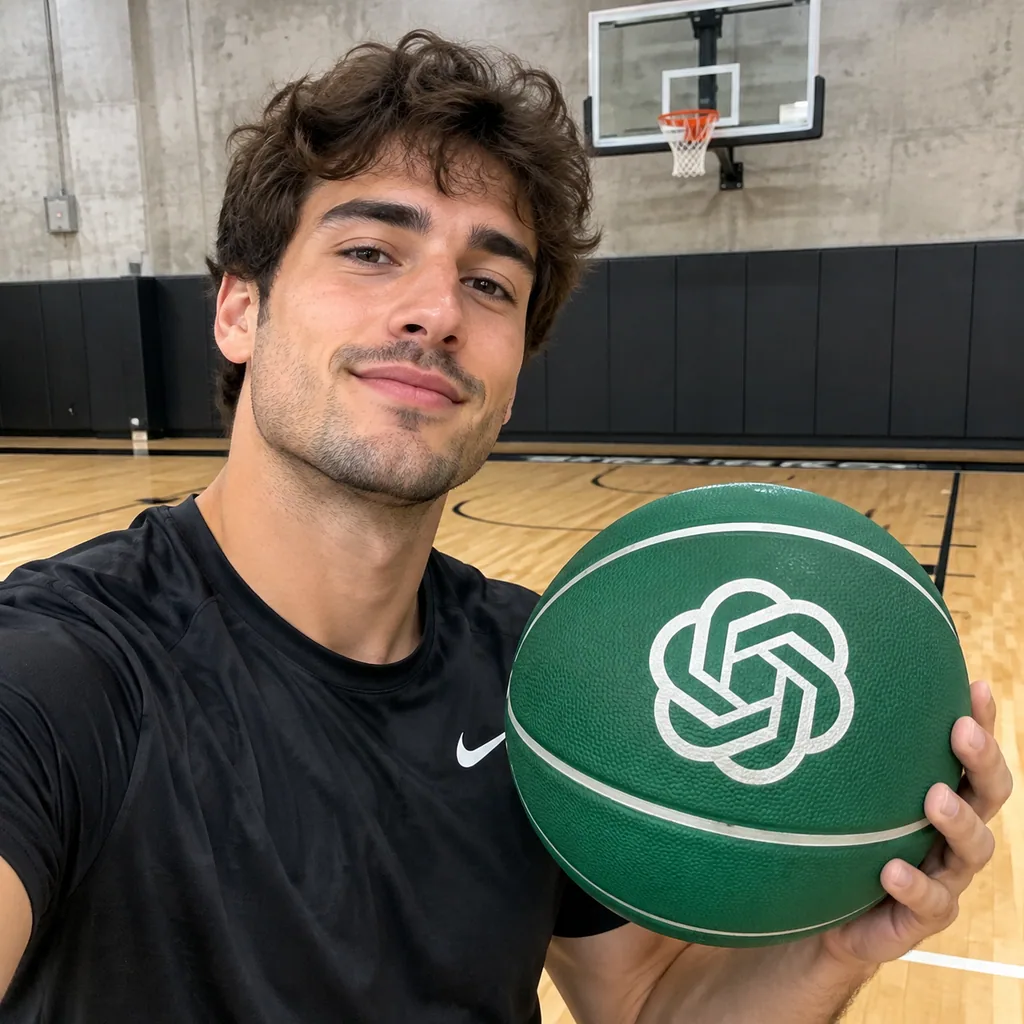 Selfie of a young man on an indoor basketball court holding a green ball with a white logo