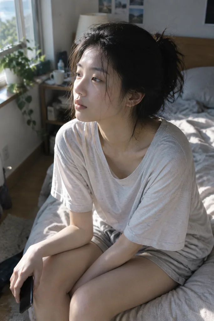 Young Japanese woman sitting sleepily on her bed in soft morning window light