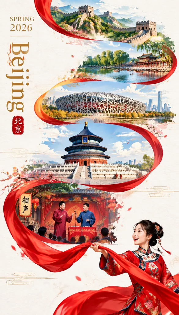 Bright guochao poster of Beijing with a red silk ribbon weaving through city landmarks
