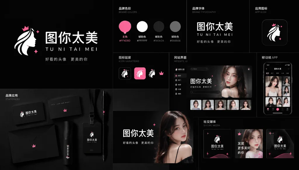 Dark minimal visual identity system for an avatar sharing site with logo and mockups