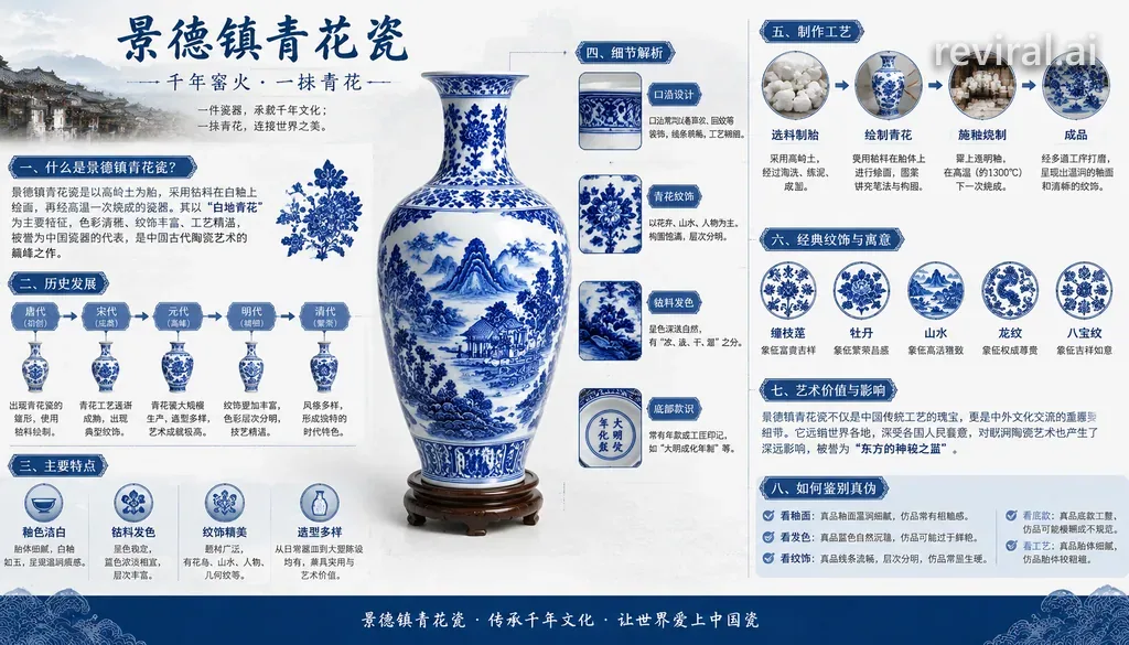 Detailed infographic explaining Jingdezhen blue and white porcelain with Chinese notes