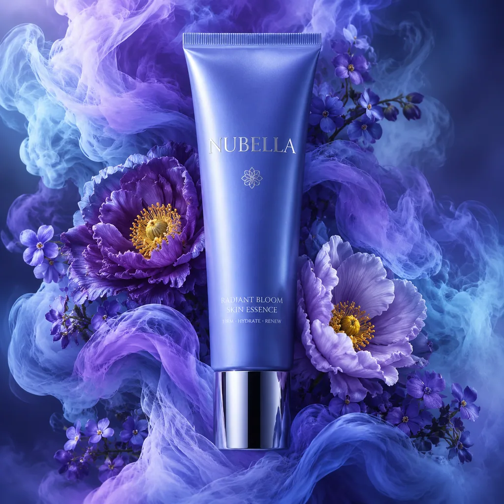 Periwinkle skincare squeeze tube in a dramatic blue-violet luxury product photo
