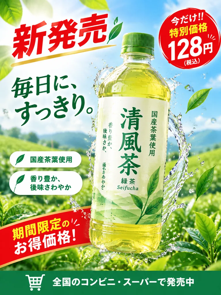 Green tea bottle with water splashes and tea leaves under bold Japanese headlines