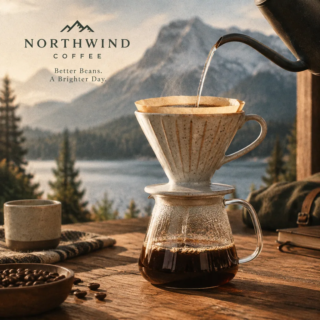 Pour-over coffee dripper placed in a warm, grainy brand-styled square ad
