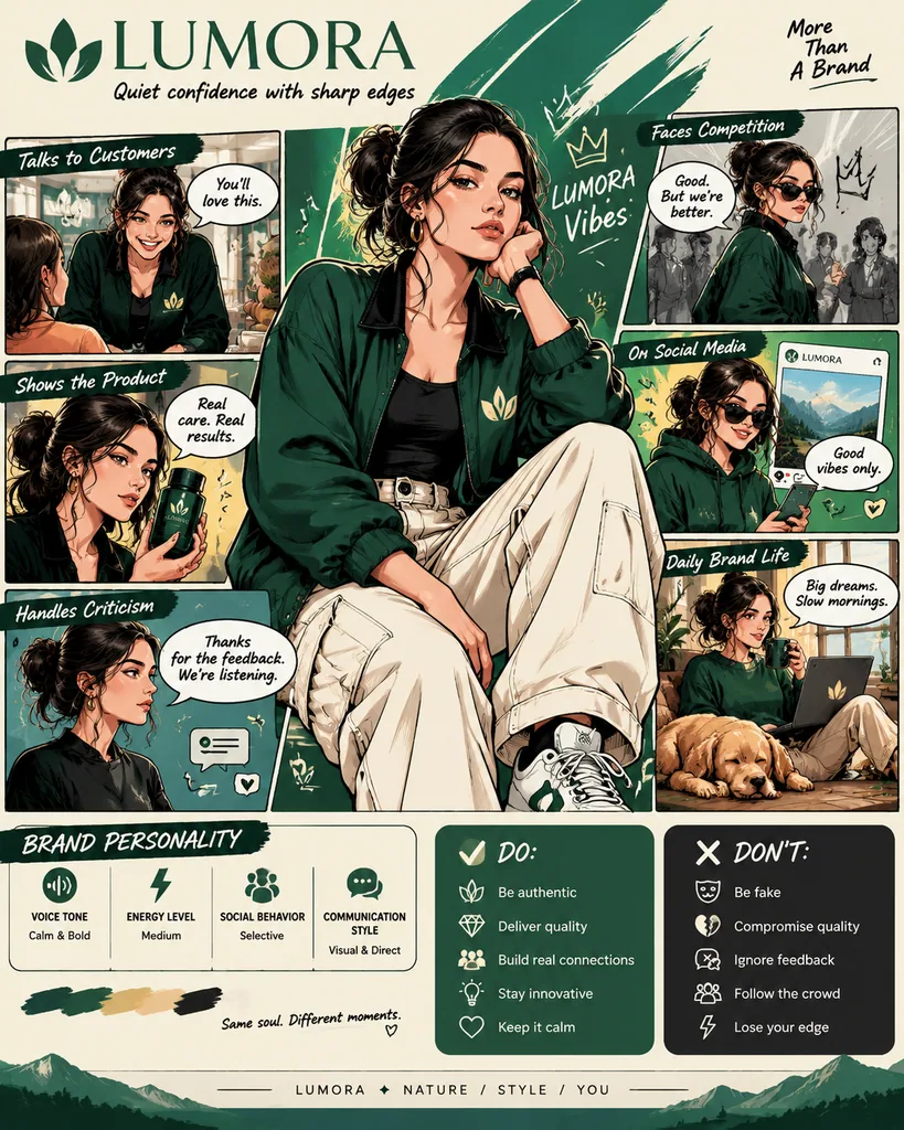 Comic-style poster showing a brand as a character with personality traits