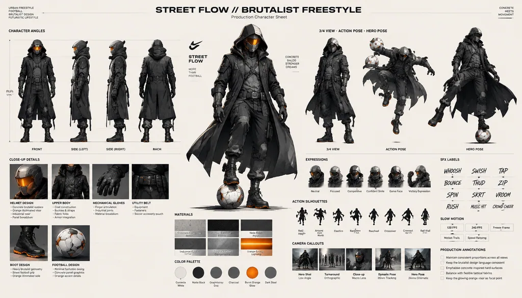 Character design sheet of a helmeted figure in stone-like armor and a black hooded coat