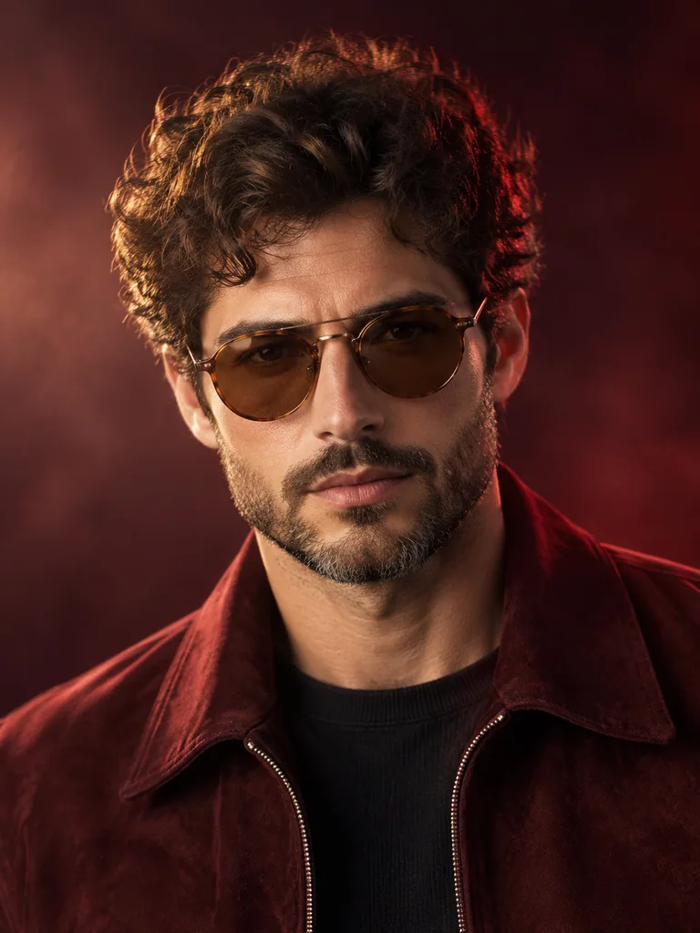 Close-up studio portrait of a bearded man in amber glasses against a burgundy backdrop