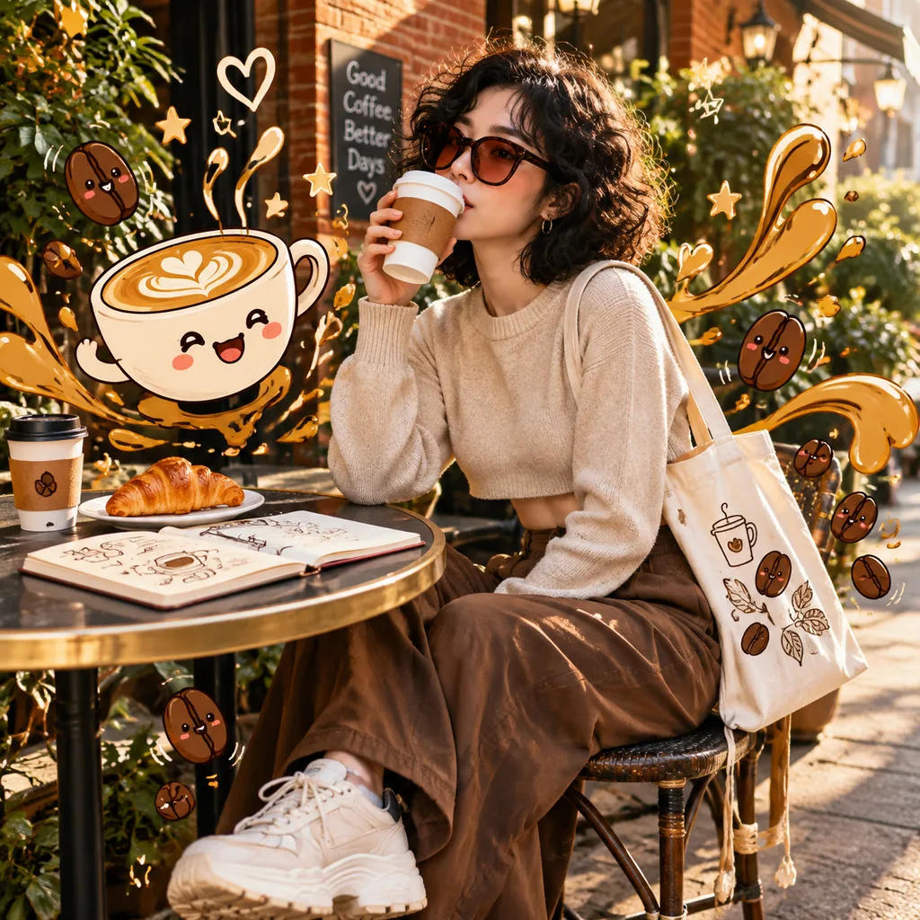 Woman in sunglasses sipping coffee at a cafe with cartoon doodles drawn over the photo