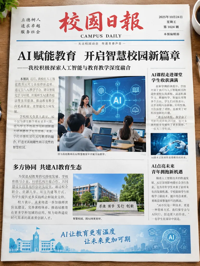 Front page of a campus daily newspaper with headlines and photos about technology in education