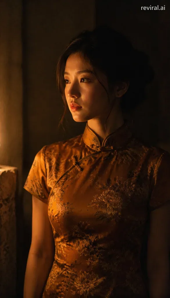 East Asian young woman lit by a single candle in a dark, warm side room