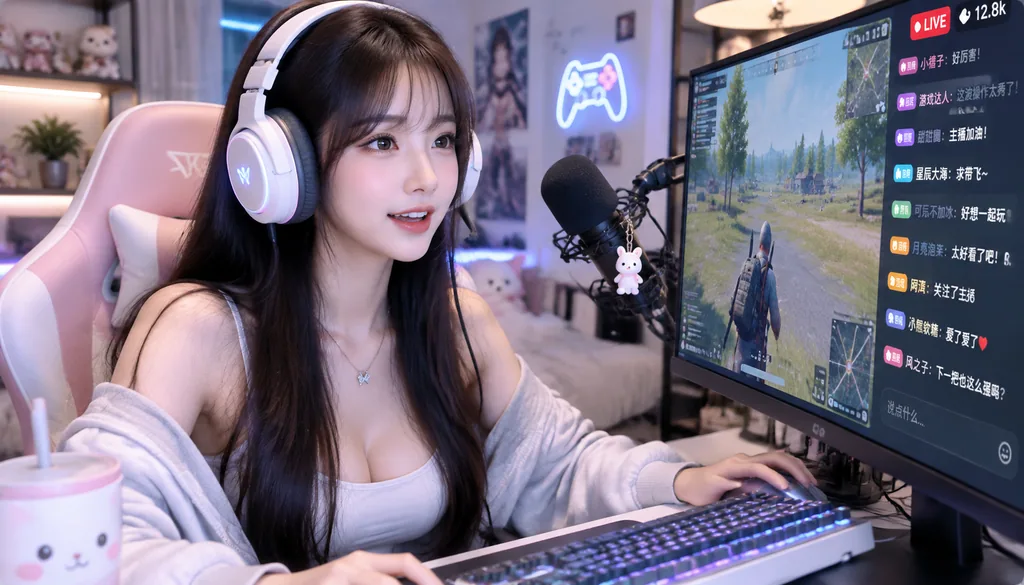 Streaming screenshot of a beautiful creator live-streaming a game with viewer comments