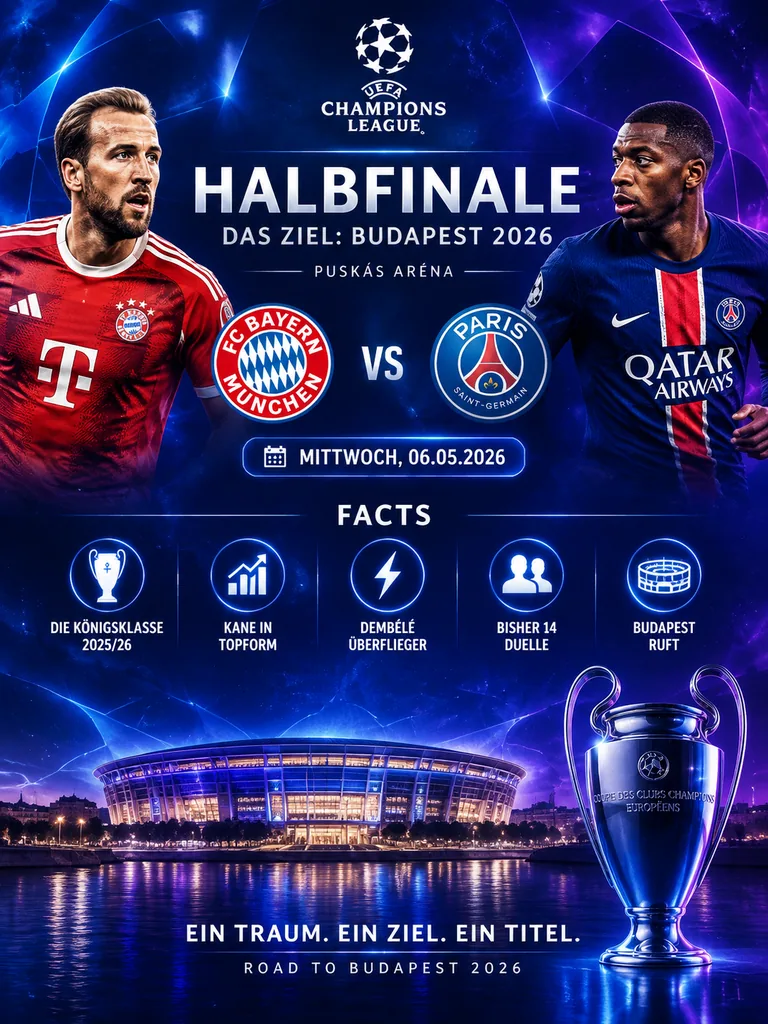 Champions League semifinal infographic poster with cosmic blue sky, glowing hexagons and lit stadium
