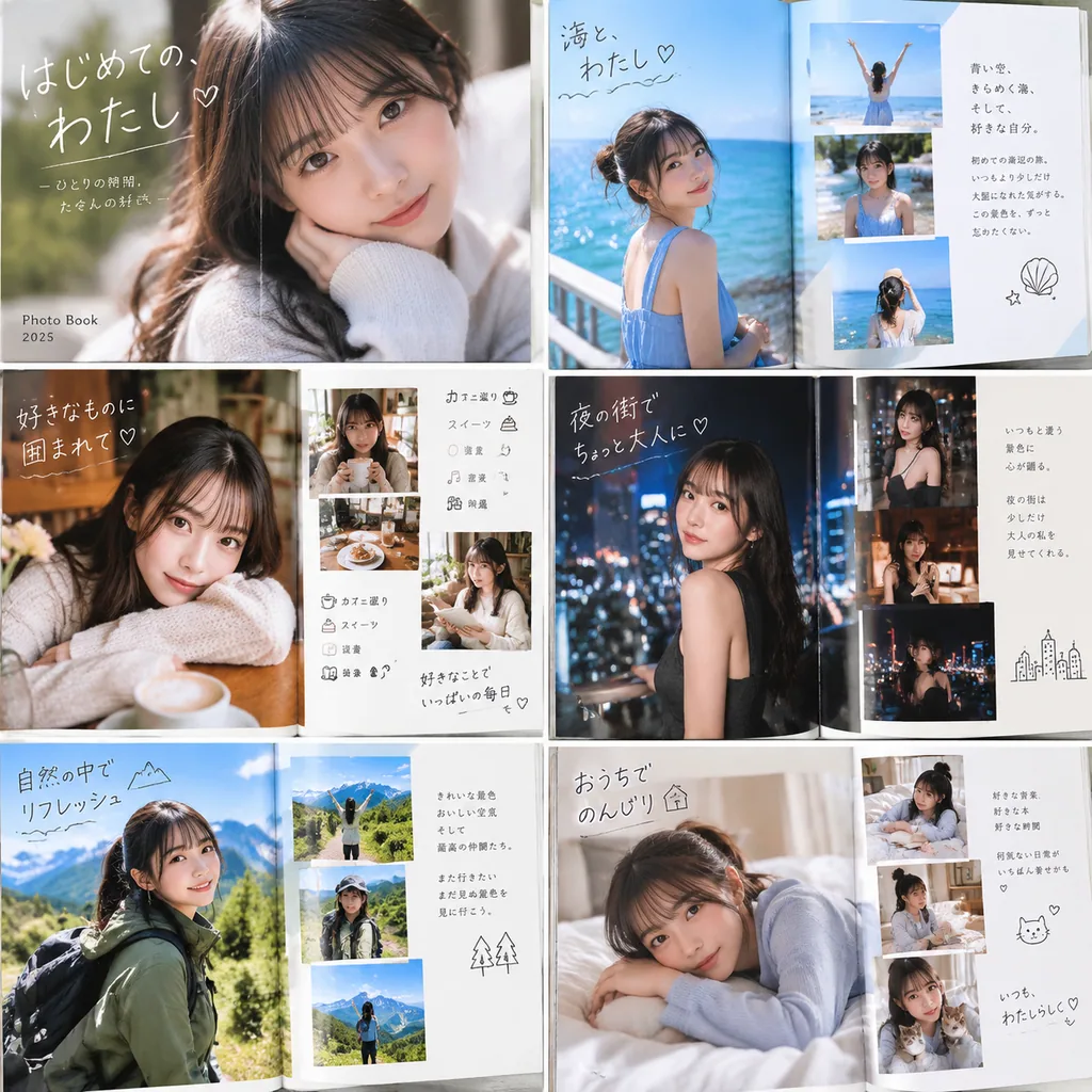 Japanese language photo book layout featuring one character across rich scenes