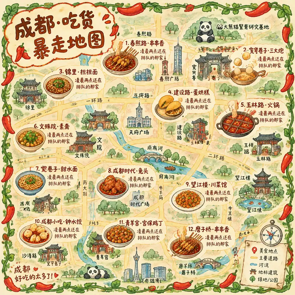 Cute hand-drawn food map of Chengdu with 12 illustrated local dishes across the city