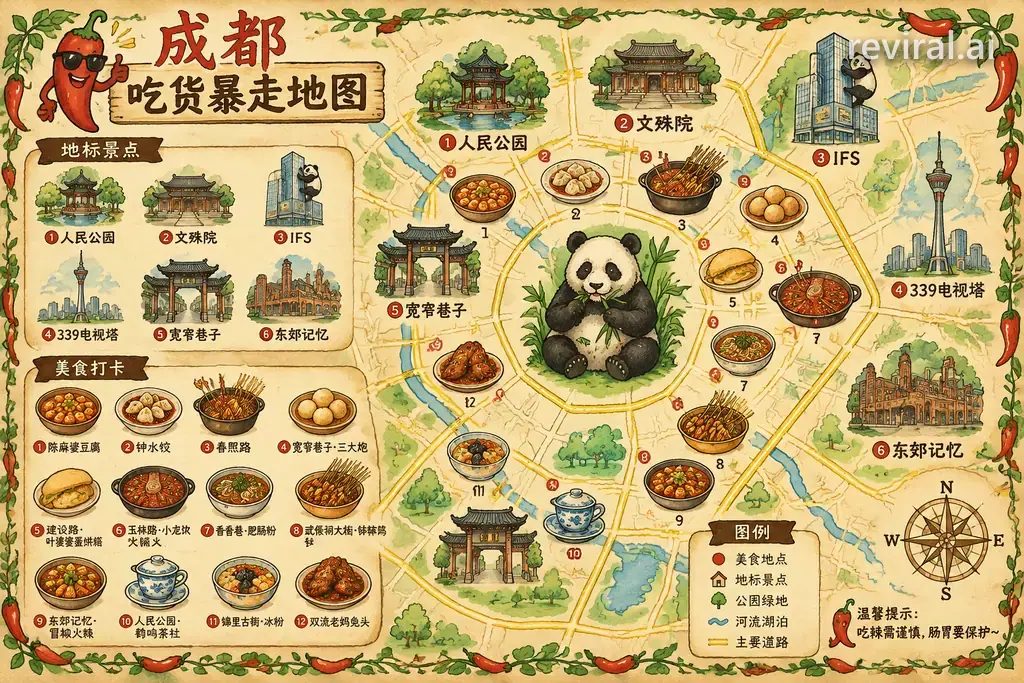 Watercolor food map of Chengdu on parchment with a chili mascot and local dishes