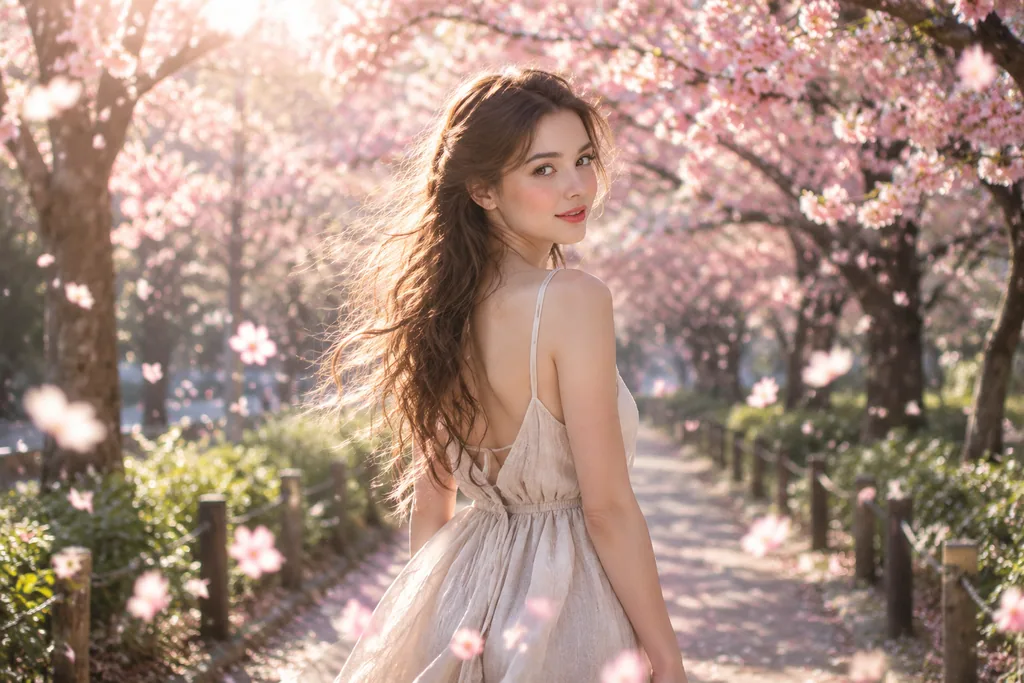Young woman glancing back on a cherry blossom path as pink petals drift in soft sunlight