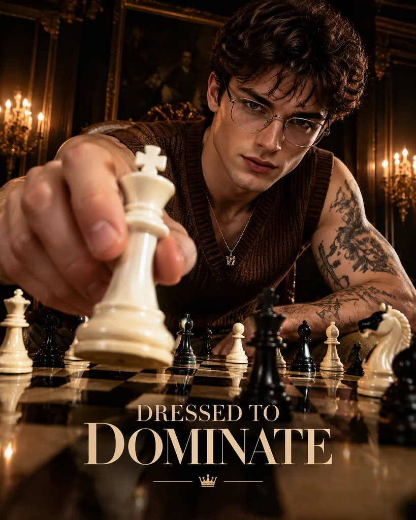 Low-angle luxury campaign photo of a curly-haired male model over a glossy chessboard