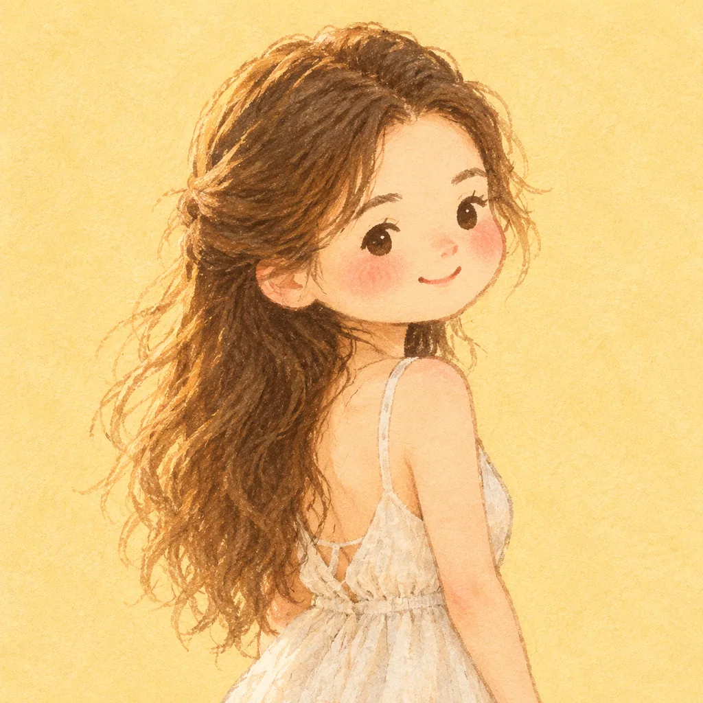 Person redrawn as a cute 2D children's storybook character keeping their outfit and hair