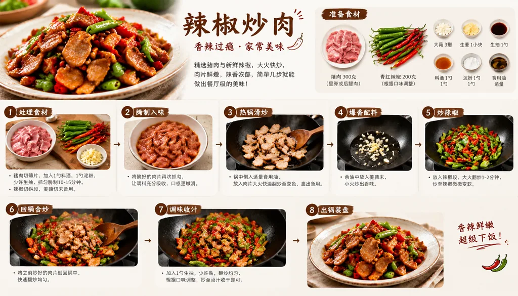 Realistic step-by-step flowchart showing how to cook fried pork with chili