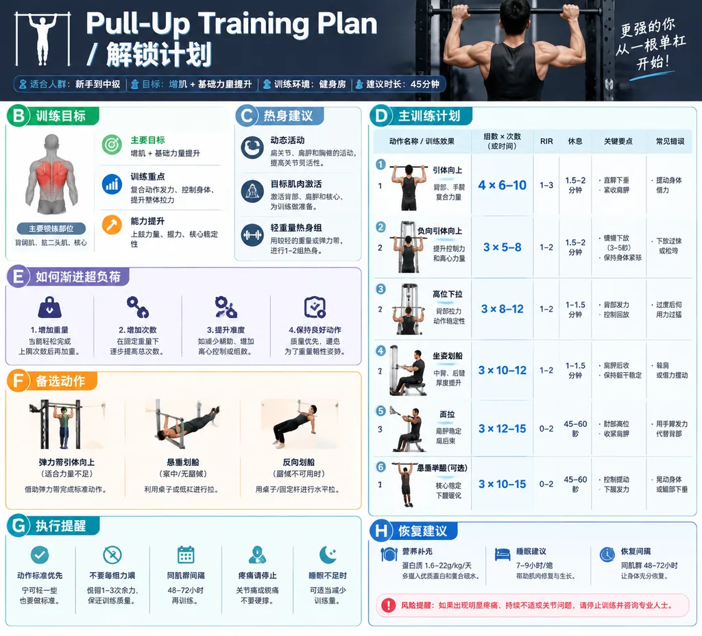 Chinese fitness infographic with a training plan, sets, reps and form tips