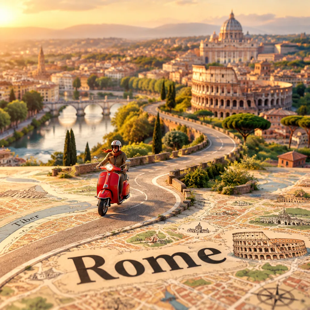 Tilt-shift miniature of Rome with a red Vespa on a road rising from a vintage map