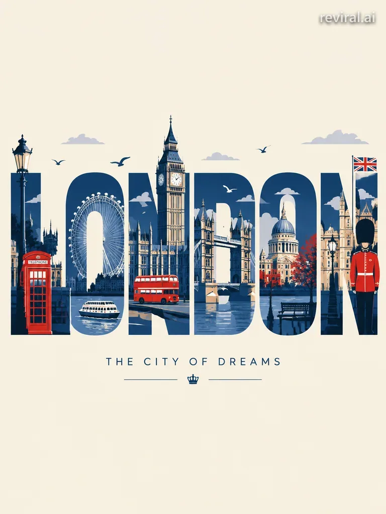Travel poster where a bold uppercase city name is woven with its landmarks