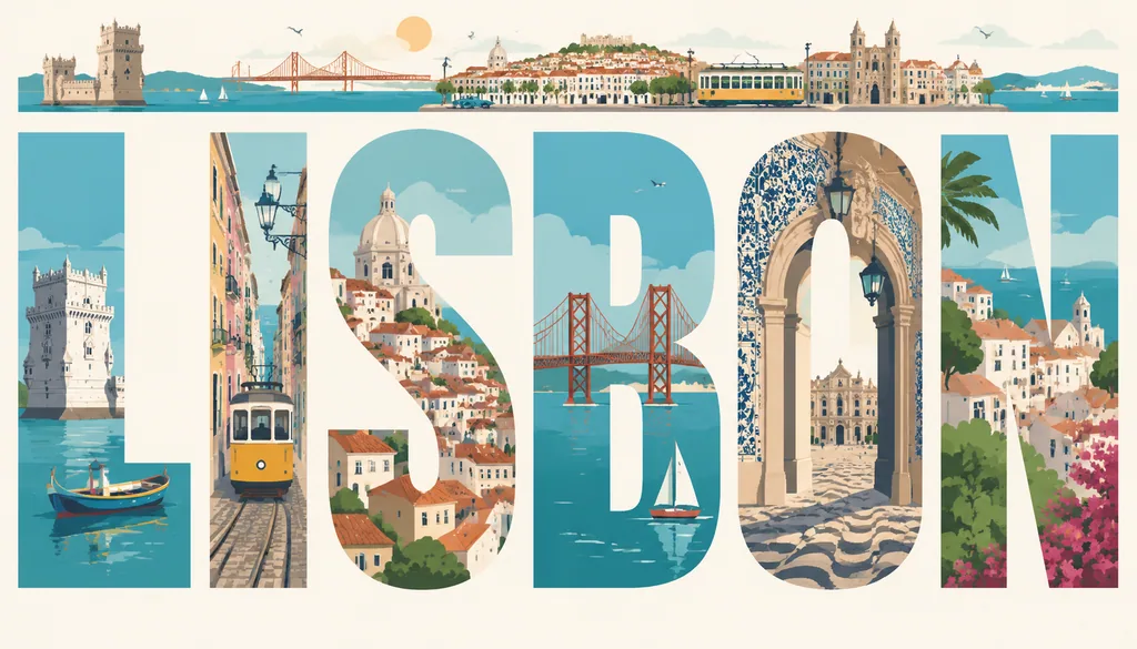 Wide poster where the giant letters of LISBON each frame a scene of the city