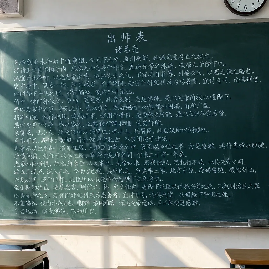 Phone photo of a full classical Chinese essay handwritten in chalk on a classroom blackboard